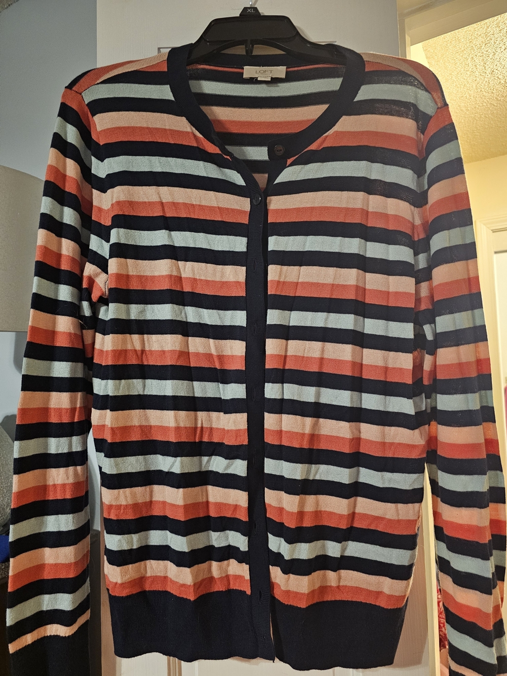 4/$25 LOFT Striped Button-Front Cardigan - Navy, Coral & Light Blue